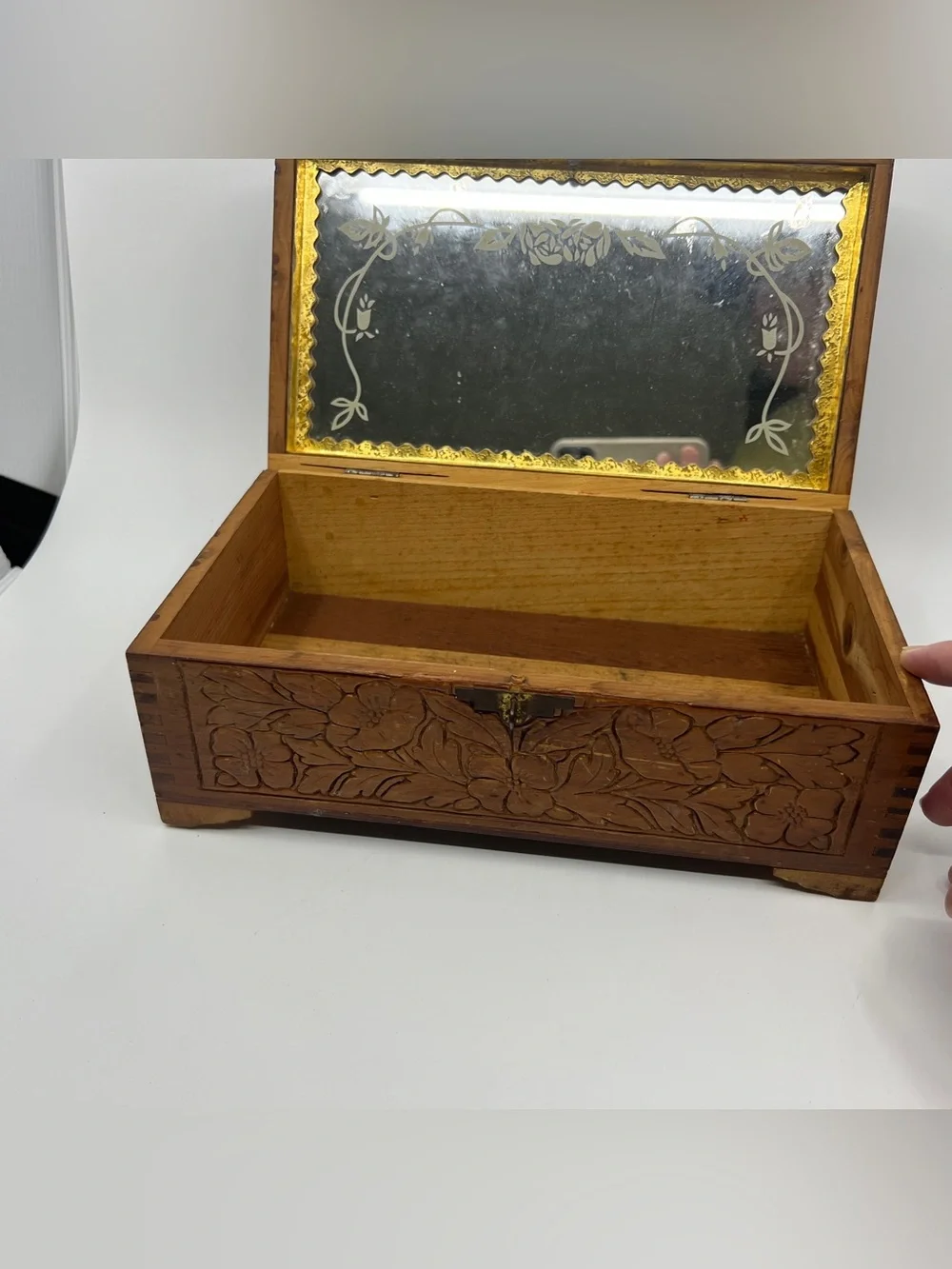 Vintage wooden carved jewelry keepsake box with mirror